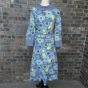 Vintage Floral Dress Womens L Blue Yellow Handmade Ruffle Maxi 3/4 Sleeve 70s